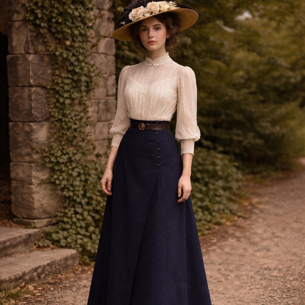 Rare 1910s Navy Edwardian Skirt – Intricate Front Detail